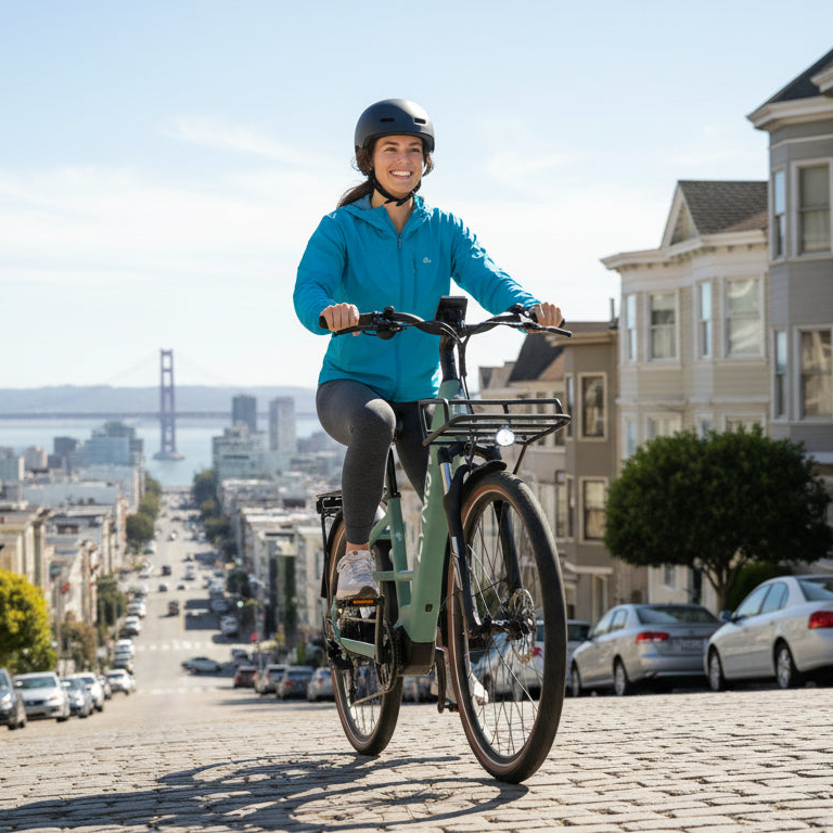 Person riding a bicycle on a street with houses and cars in the background