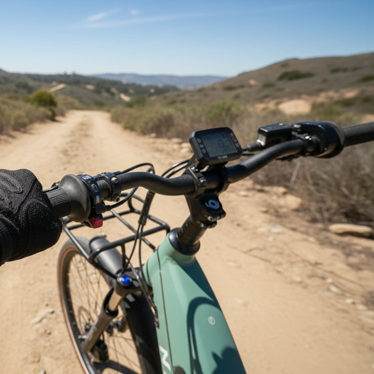 Bicycle handlebars with a digital display on a dirt road with a scenic background