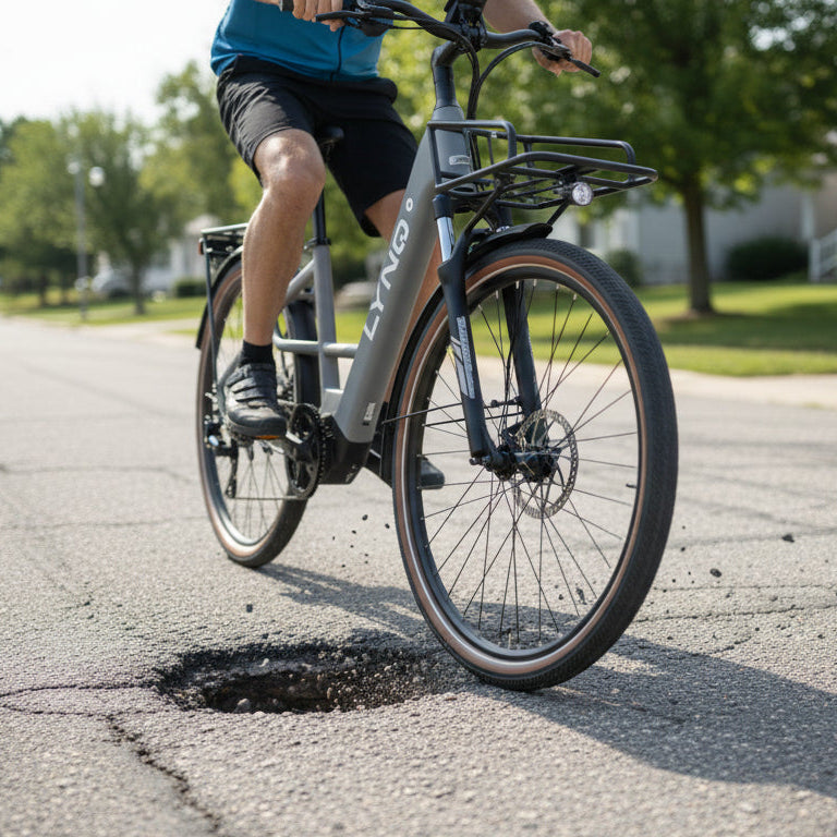 A rider pedals the LYNQ Current e-bike on a neighborhood street.