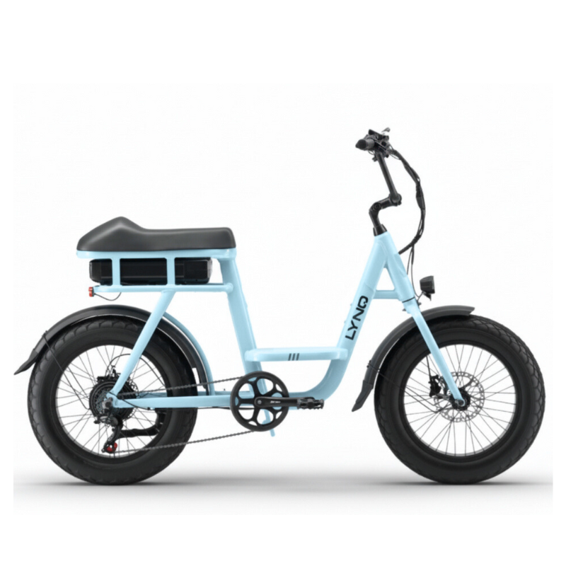 The side profile of the LYNQ Loop e-bike is shown in soft blue.