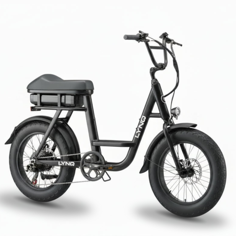 The black LYNQ Loop cruiser e-bike with fat tires and a double seat.