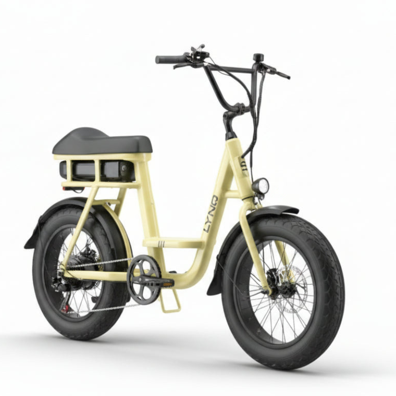 The soft yellow LYNQ Loop cruiser e-bike with fat tires and a double seat.