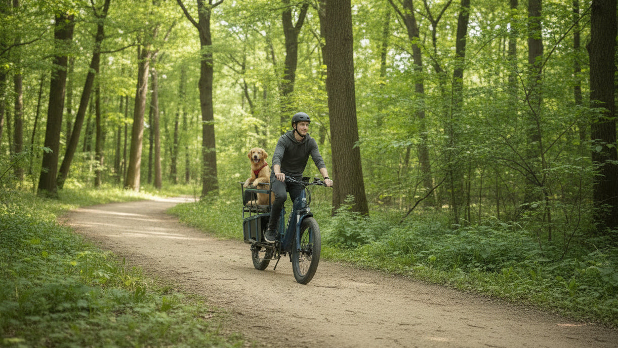 Two people riding electric bikes on a forest path