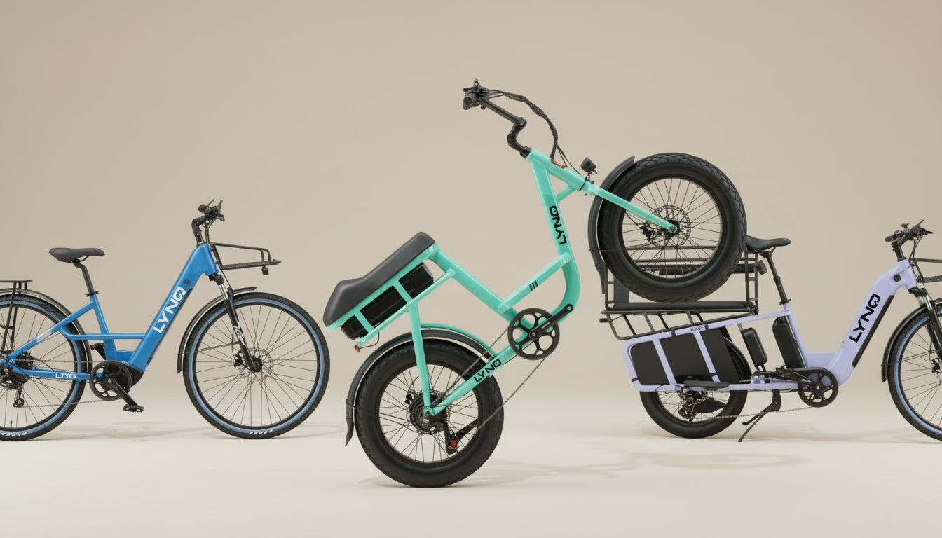 Three electric bikes in blue, turquoise, and white on a beige background