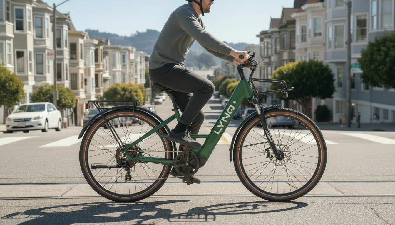 A LYNQ e-bike commuter model used in an urban setting.