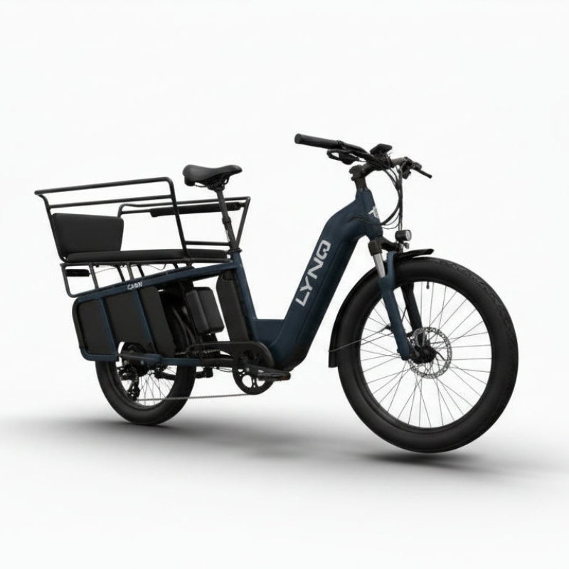 The side profile of the LYNQ Relay cargo e-bike with a reinforced rear rack and rails.
