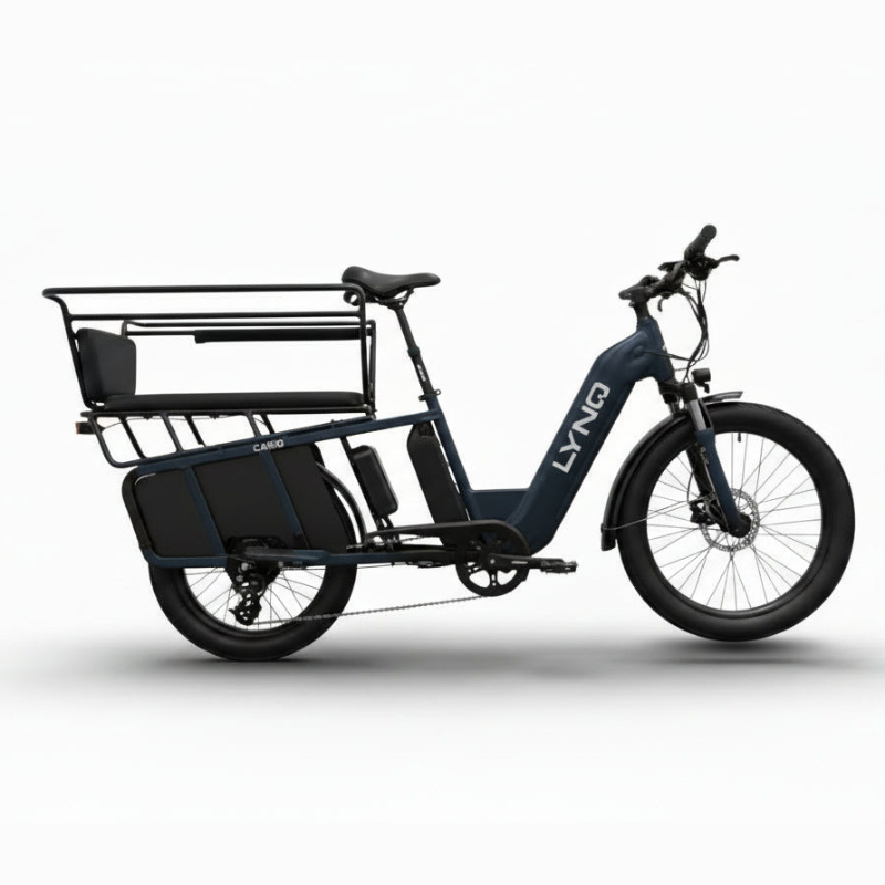 The LYNQ Relay cargo e-bike with an extended rear rack and side rails.