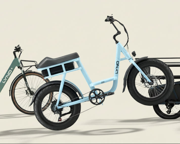 LYNQ e-bike lineup showing cargo, utility, and commuter models.