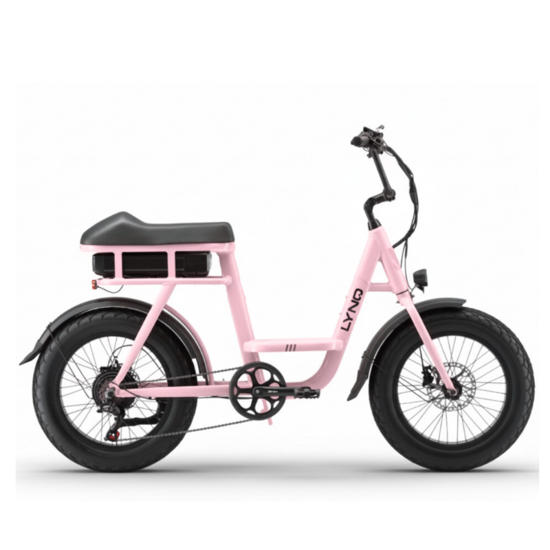 The side profile of the LYNQ Loop e-bike is shown in soft pink.