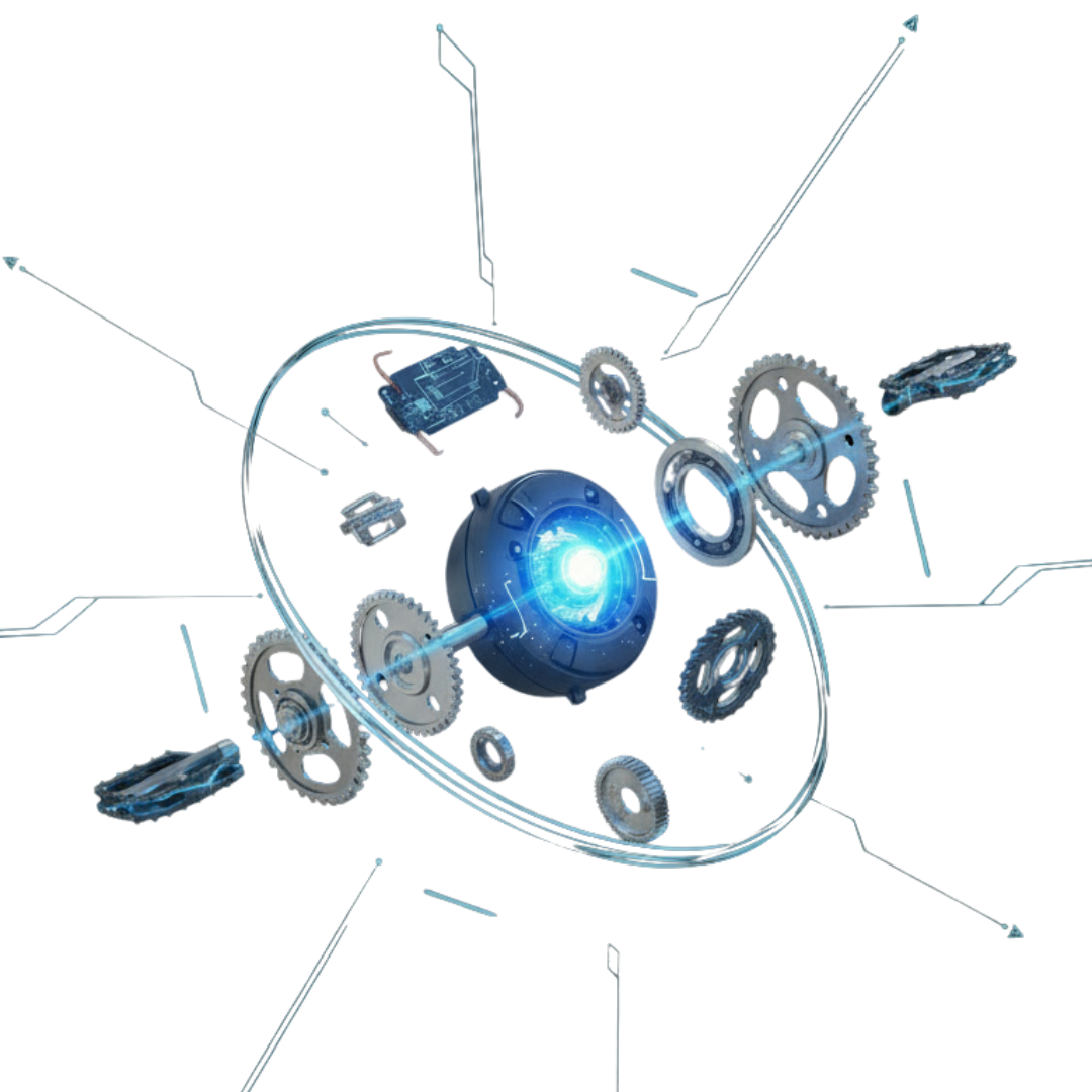 Technical diagram of gears and a central blue light on a white background