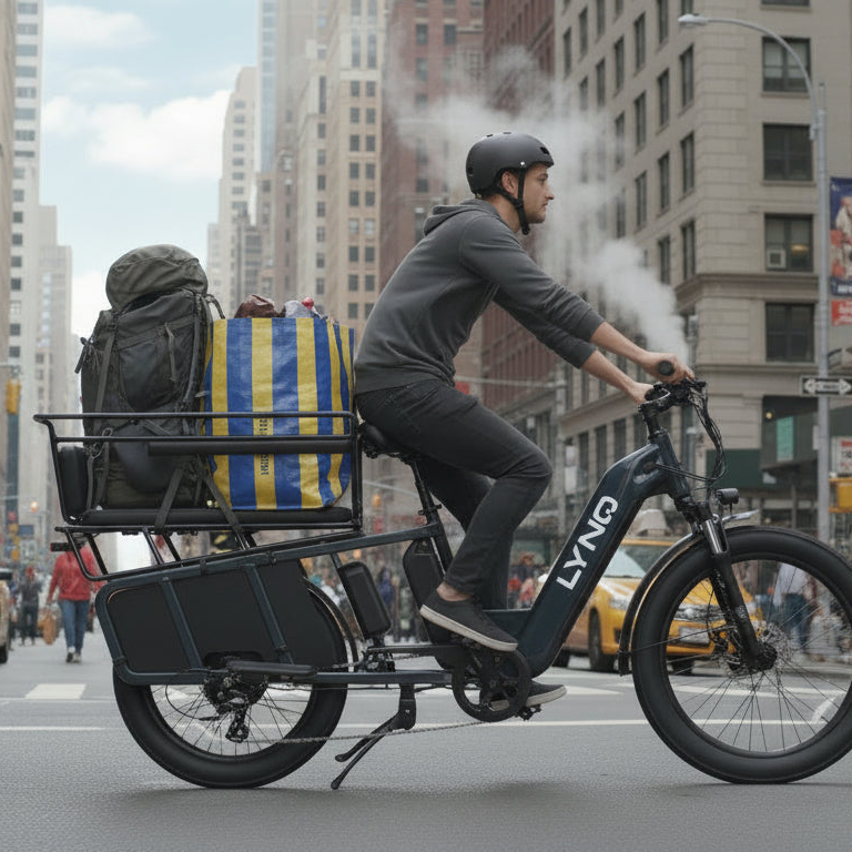 A rider hauls bags on a LYNQ cargo e-bike in an urban setting.