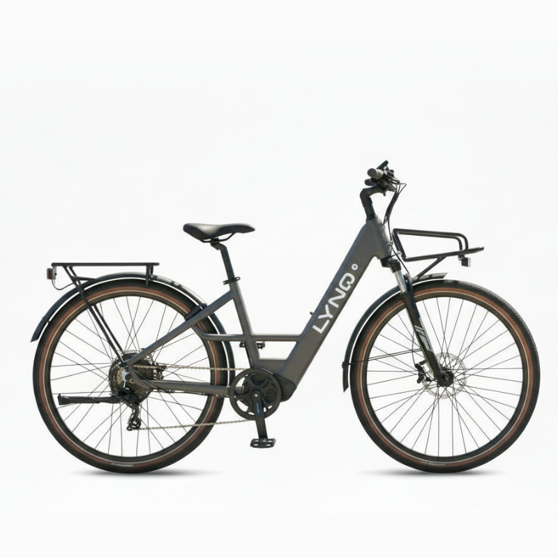 The side profile of the LYNQ Current e-bike is shown in warm grey.
