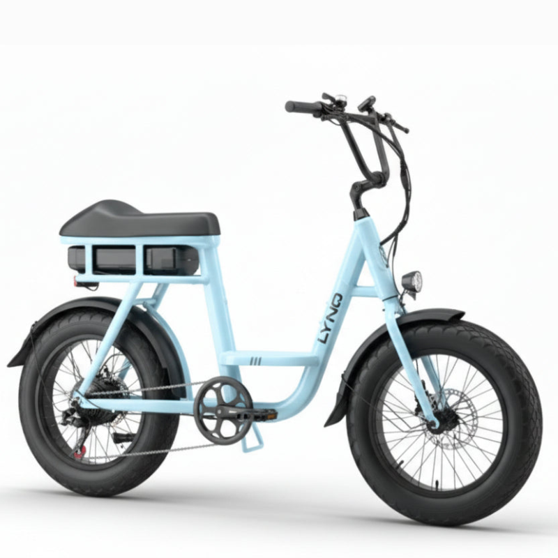 The soft blue LYNQ Loop cruiser e-bike with fat tires and a double seat.