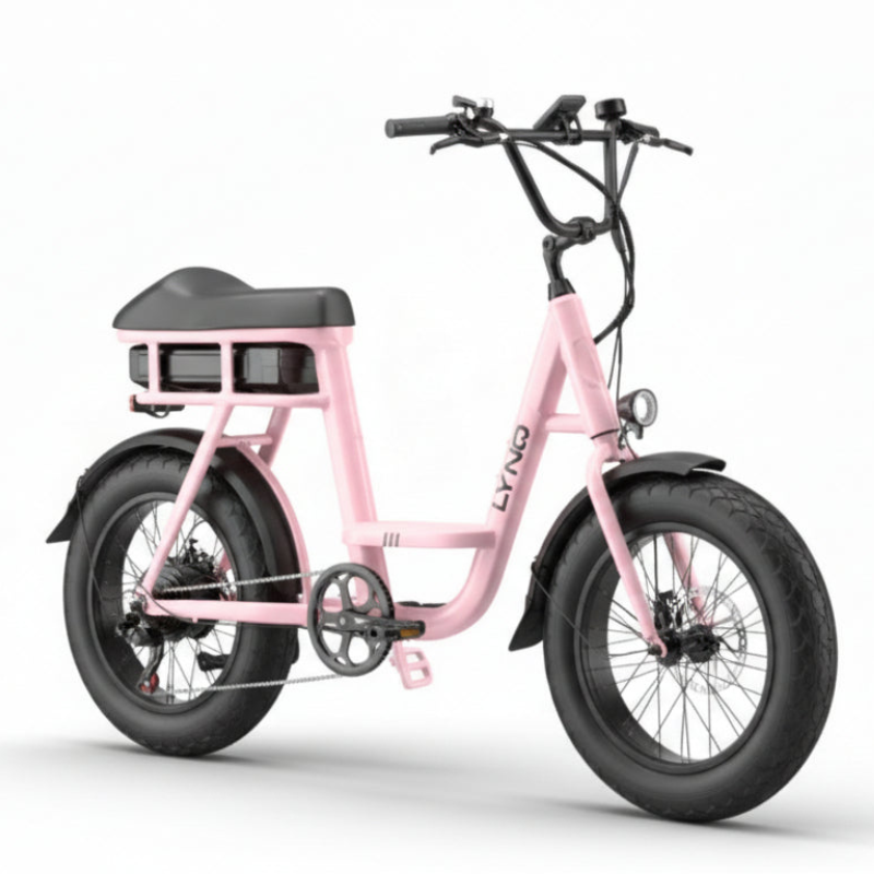 A light pink LYNQ Loop cruiser e-bike with fat tires and a double seat.