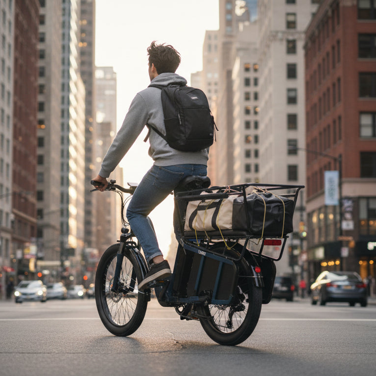 The LYNQ Relay cargo e-bike rides through downtown with the rear basket loaded.