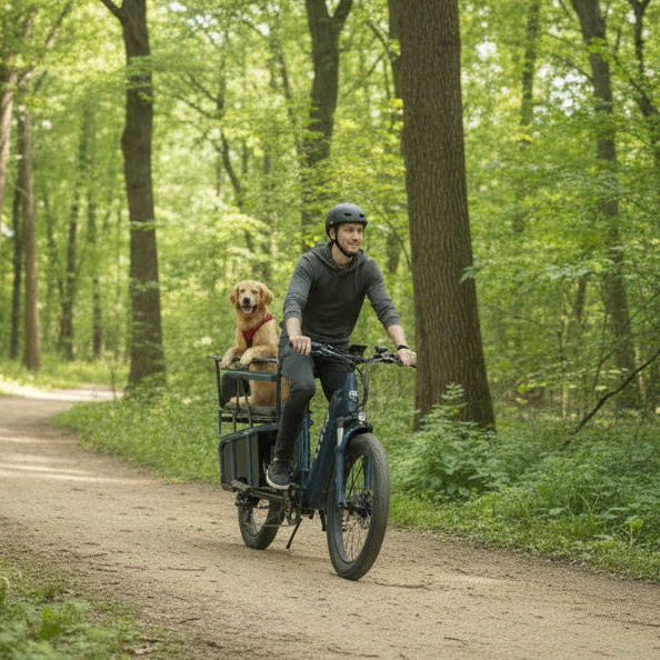 Man riding a bicycle with a dog in a basket through a forest
