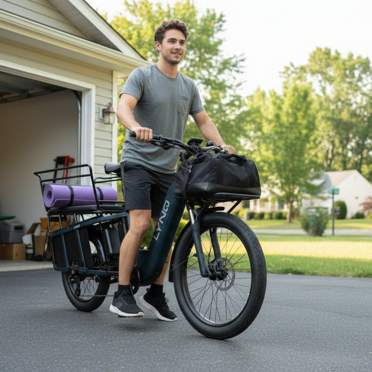 A rider rolls the LYNQ Relay cargo electric bike from a driveway with bags and gear.