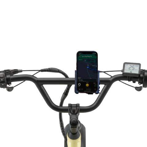 LYNQ electric bike handlebars with a phone mount to use the app.