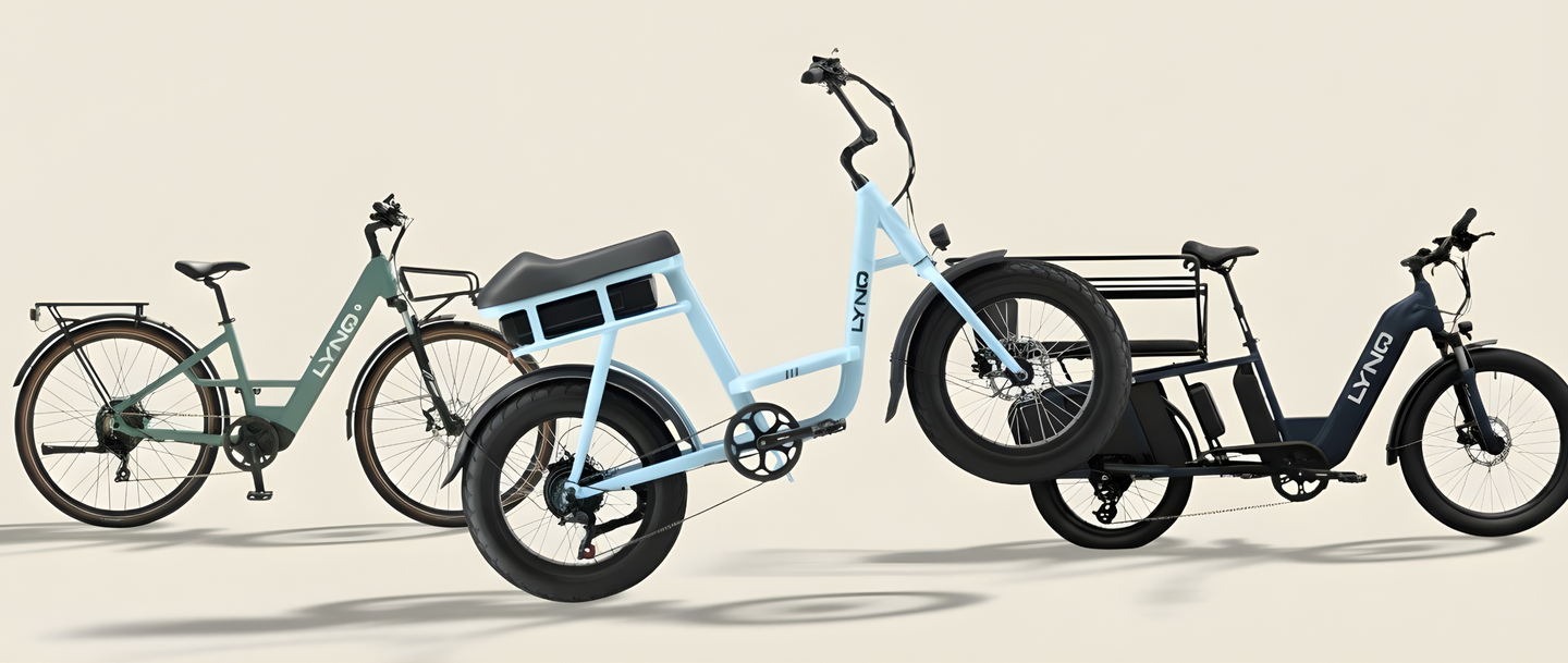 LYNQ e-bike lineup showing cargo, utility, and commuter models.